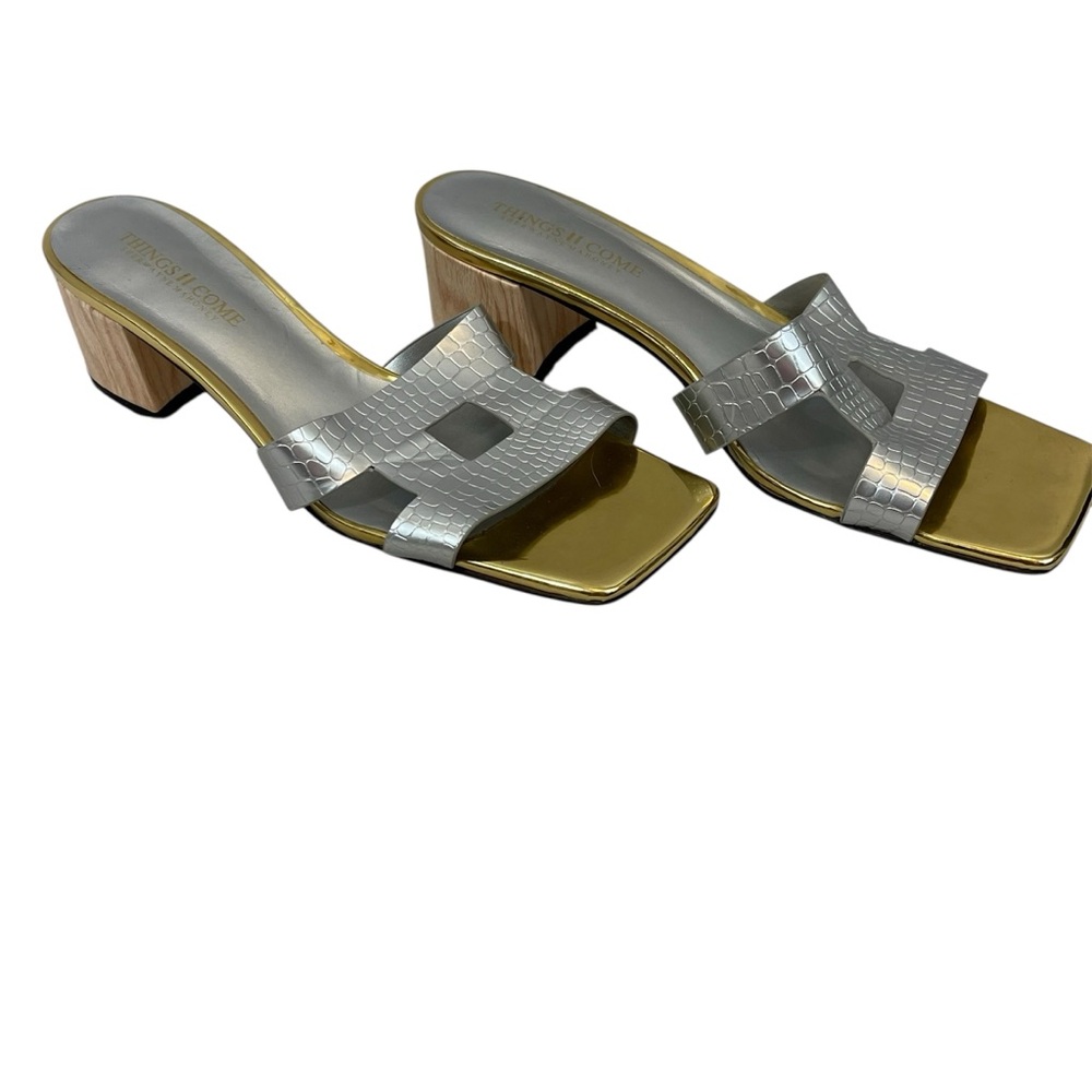 Things II Come Silver Slide Wood Heel Mule Sandals